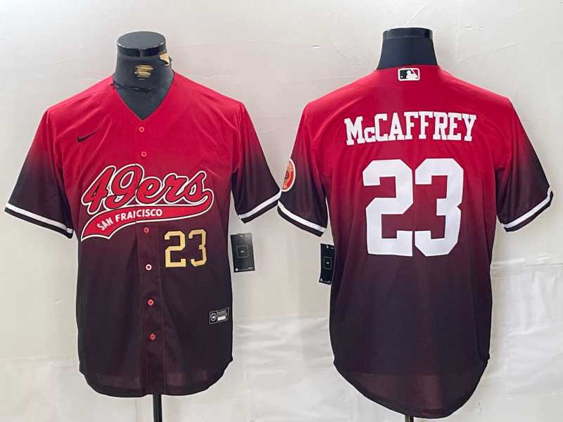Men%27s San Francisco 49ers #23 Christian McCaffrey Red Black With Patch Cool Base Baseball Stitched Jerseys